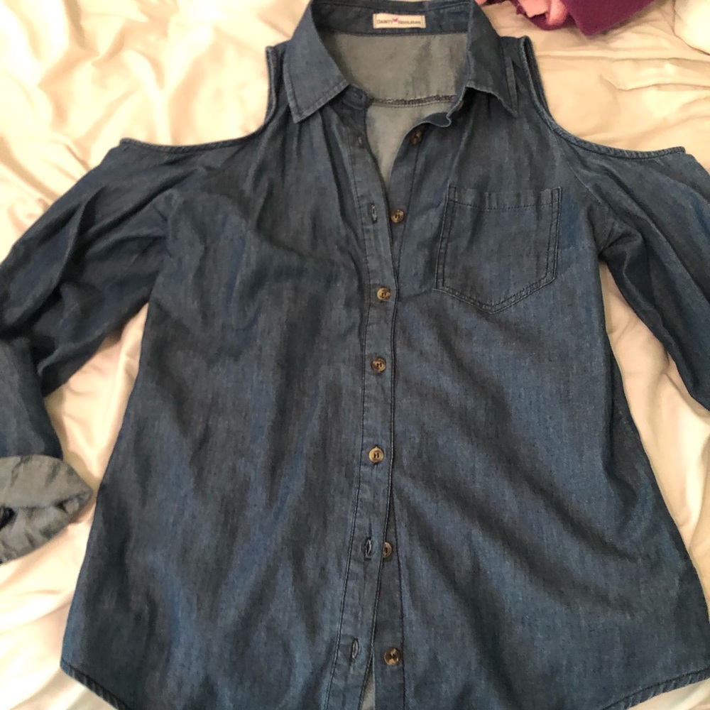 Cold Shoulder Denim Button Up - image 1